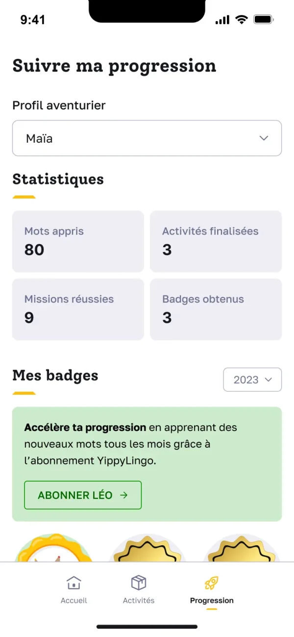 YippyLingo — la progression : mots appris, missions, badges